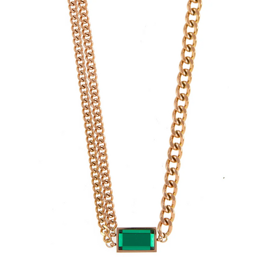 Rectangle Emerald Cuban Link Chain Necklace
