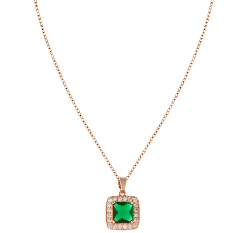 Green Square Crystal Pendant Rose Gold Necklace For Women