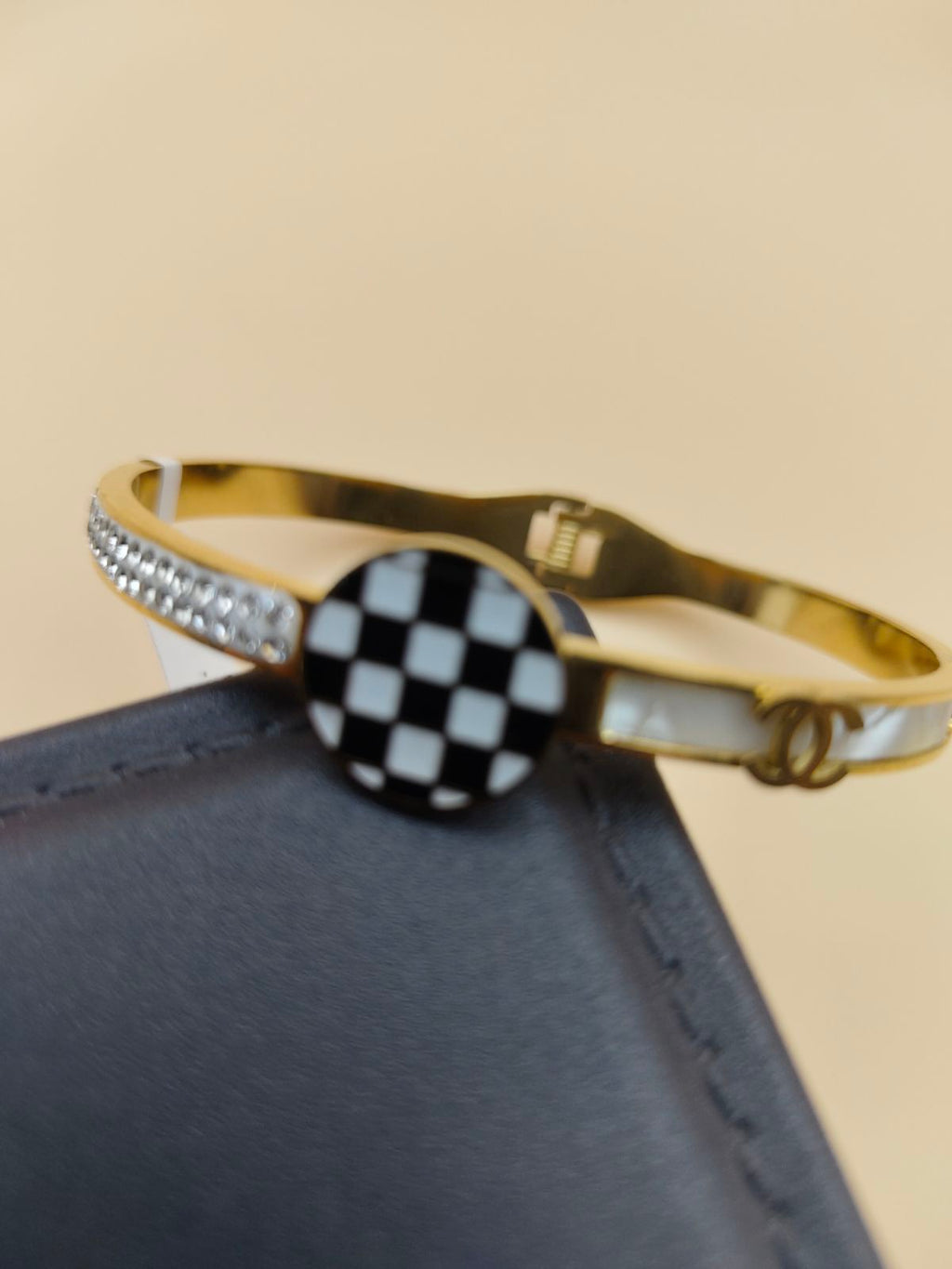 Gold-Toned Checkerboard Stylish Bangle Bracelet with Adjustable Fit for Women
