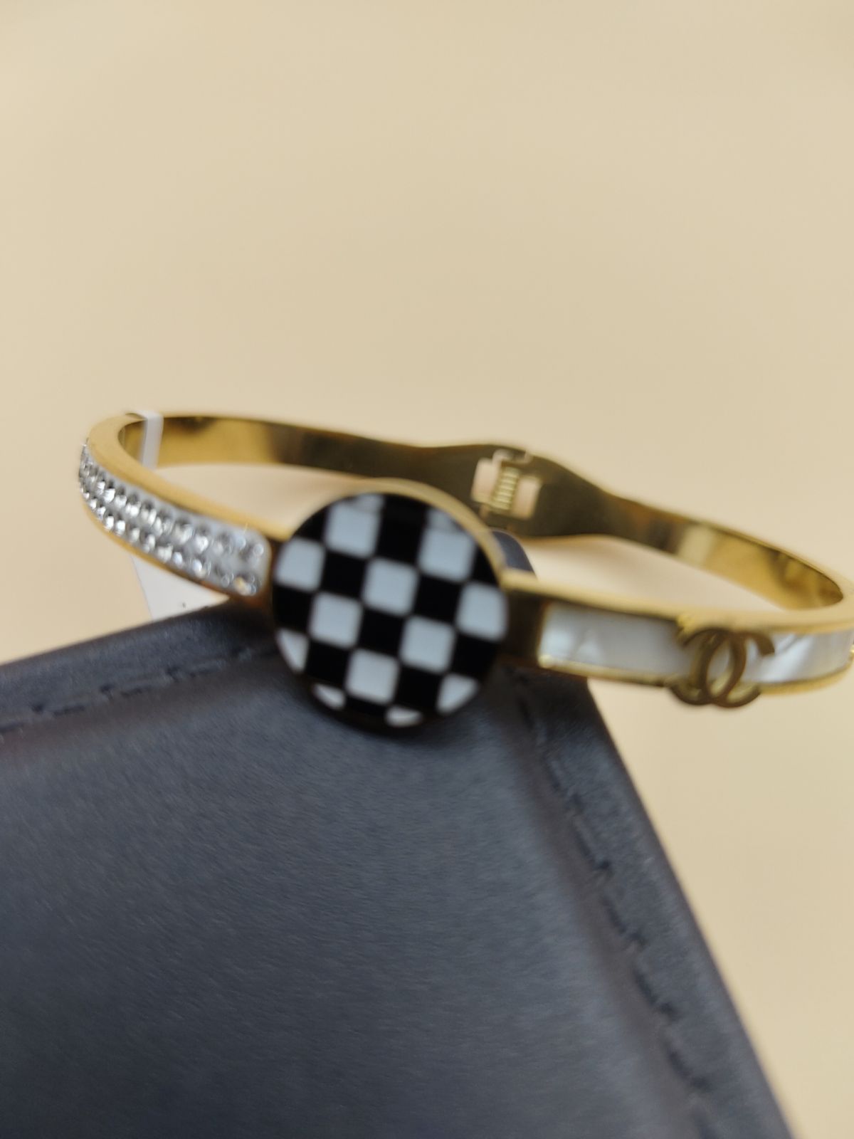 Gold-Toned Checkerboard Stylish Bangle Bracelet with Adjustable Fit for Women