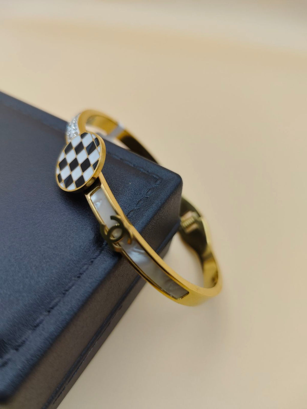 Gold-Toned Checkerboard Stylish Bangle Bracelet with Adjustable Fit for Women