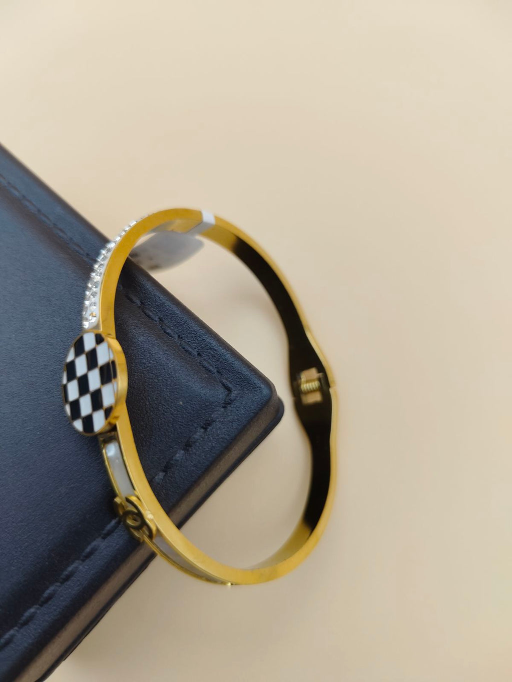 Gold-Toned Checkerboard Stylish Bangle Bracelet with Adjustable Fit for Women