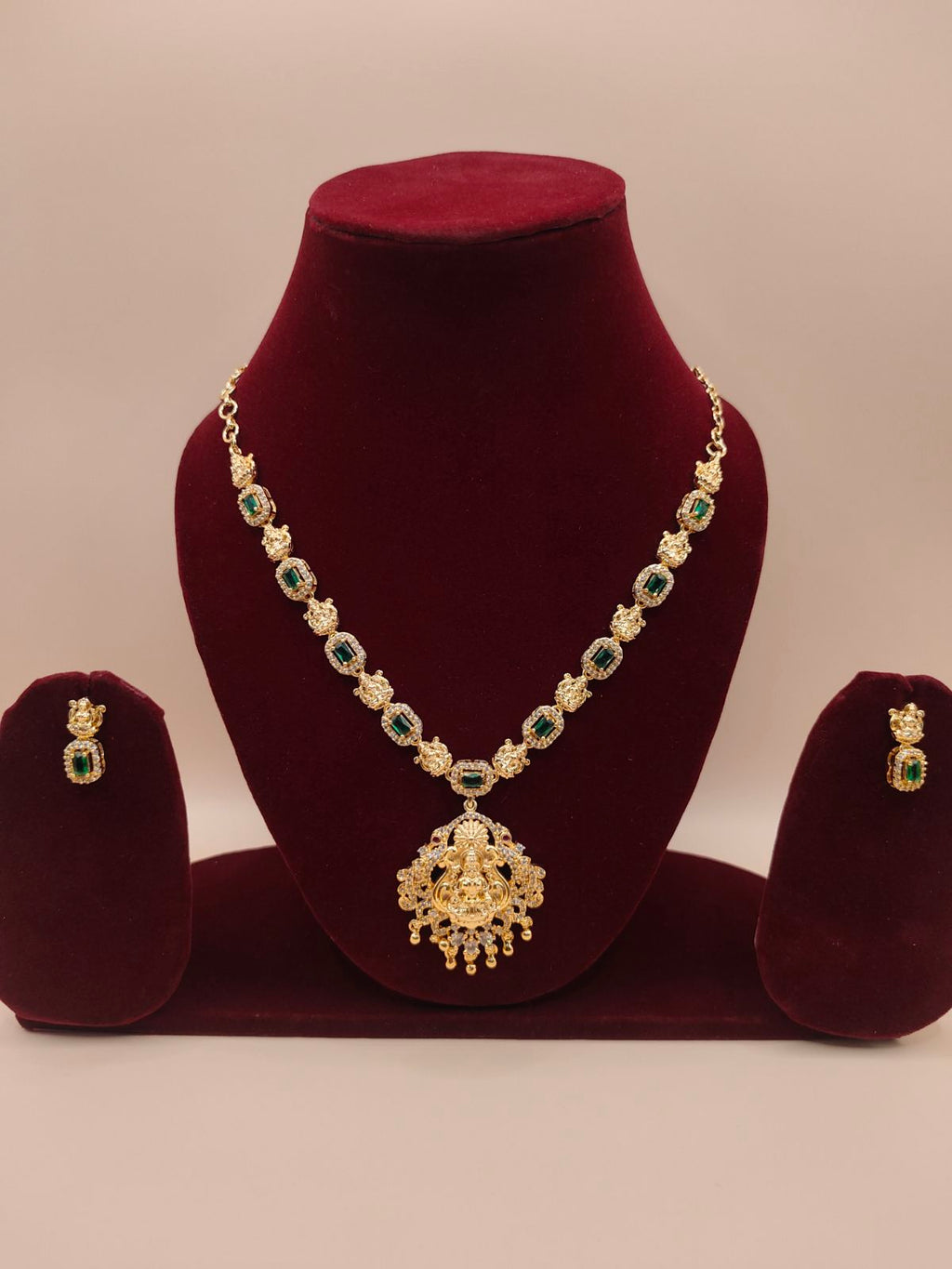 Traditional Gold-Tone Lakshmi Necklace Set with Green Stones