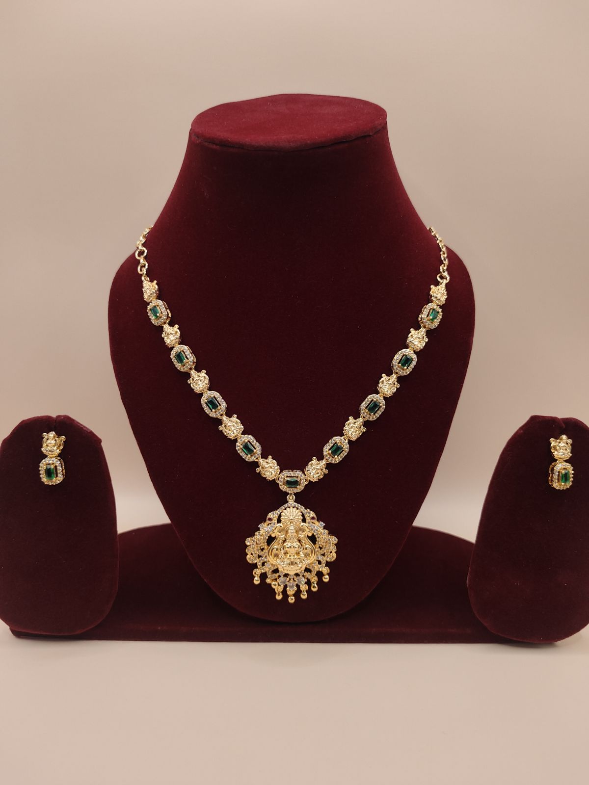 Traditional Gold-Tone Lakshmi Necklace Set with Green Stones