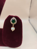 Gold-Tone Green Stone Pearl Drop Necklace Set with Earrings