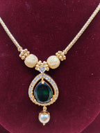 Gold-Tone Green Stone Pearl Drop Necklace Set with Earrings