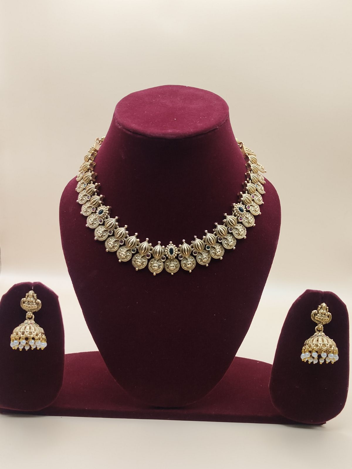 Antique Gold Temple Jewellery Chain with Coin Motifs & Jhumka Earrings