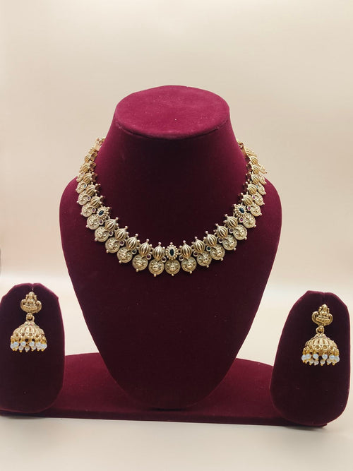 Antique Gold Temple Jewellery Chain with Coin Motifs & Jhumka Earrings
