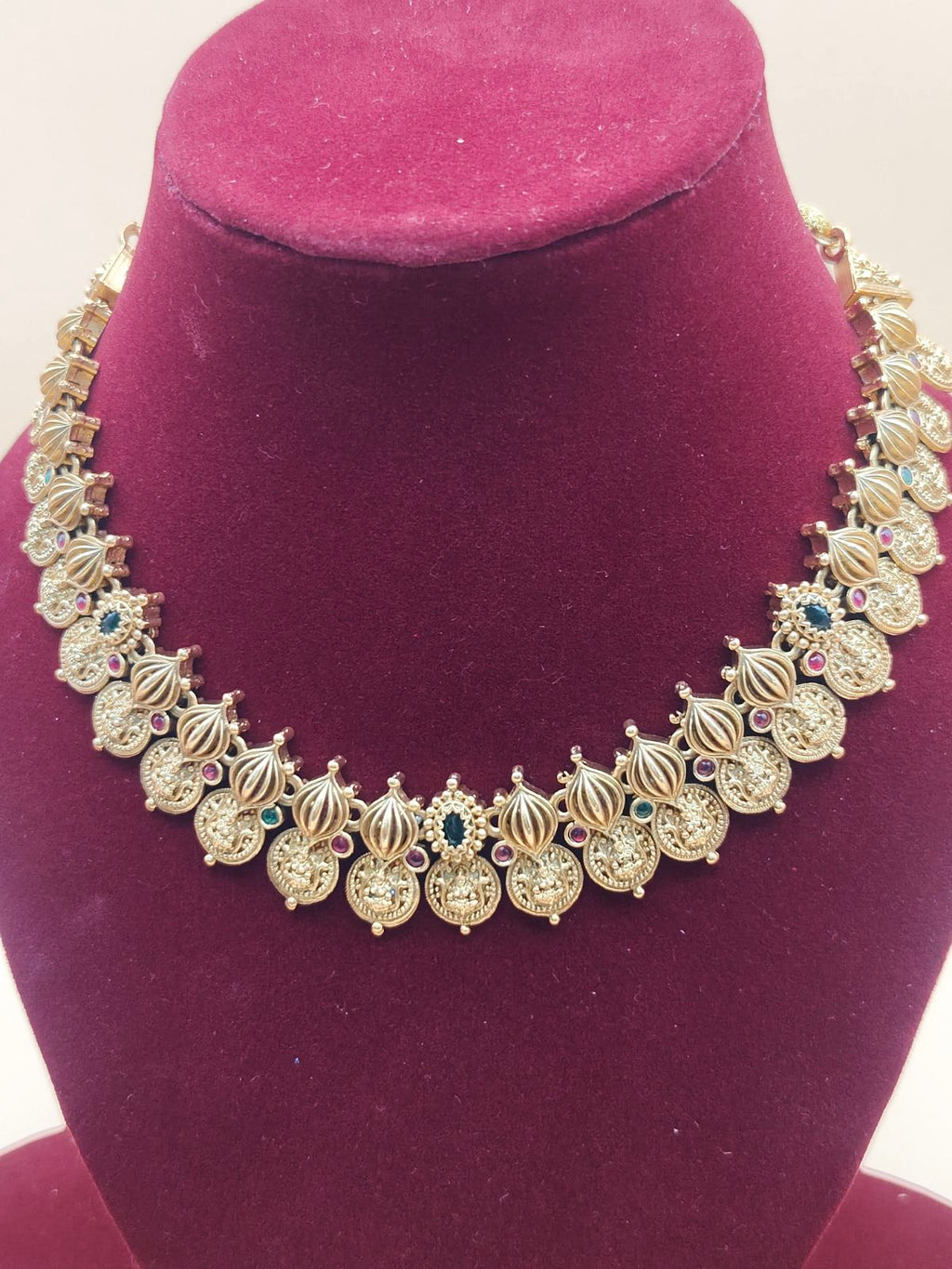 Antique Gold Temple Jewellery Chain with Coin Motifs & Jhumka Earrings