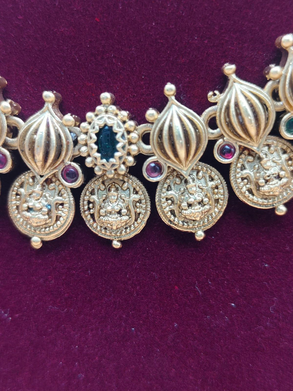 Antique Gold Temple Jewellery Chain with Coin Motifs & Jhumka Earrings
