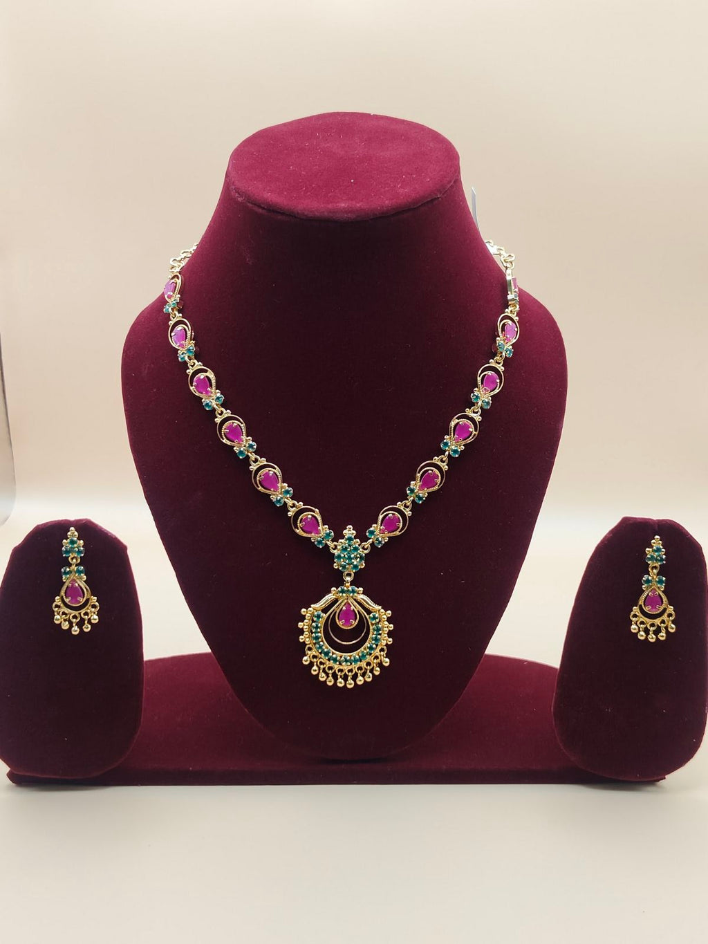 Traditional Ruby & Emerald Temple Jewelry Chain with Antique Gold Finish
