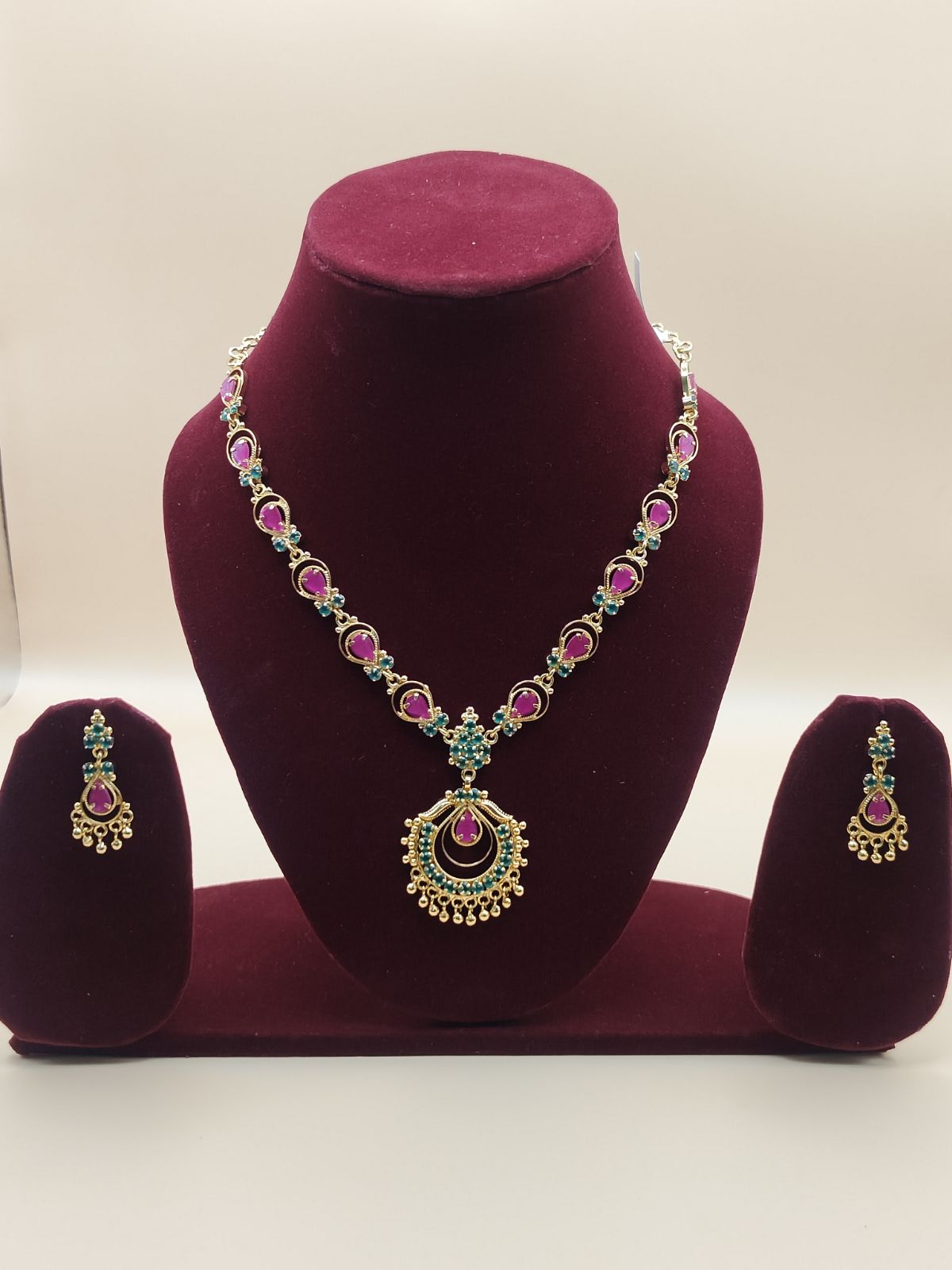 Traditional Ruby & Emerald Temple Jewelry Chain with Antique Gold Finish