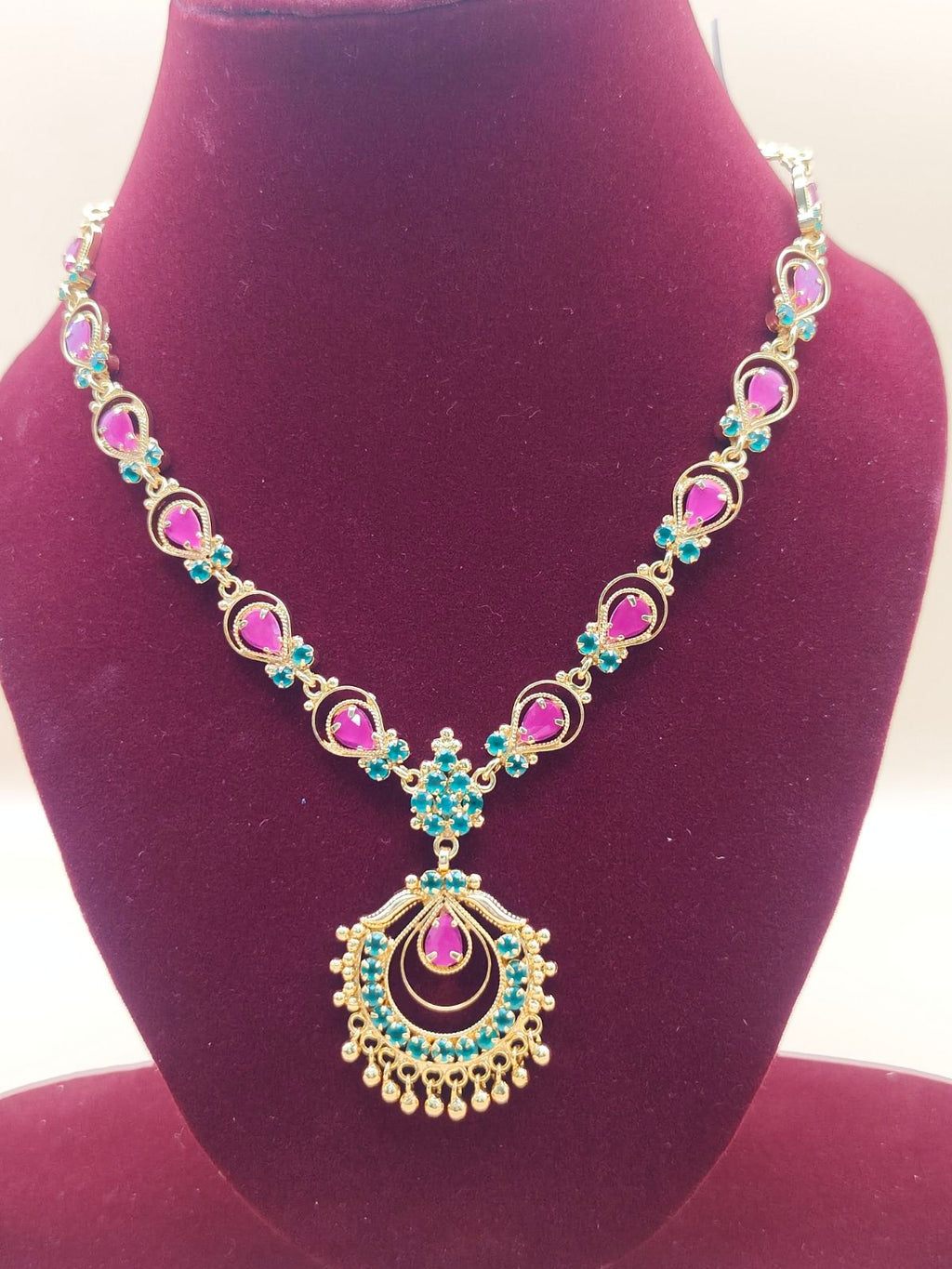 Traditional Ruby & Emerald Temple Jewelry Chain with Antique Gold Finish