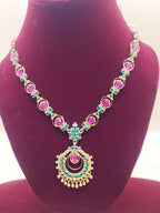 Traditional Ruby & Emerald Temple Jewelry Chain with Antique Gold Finish