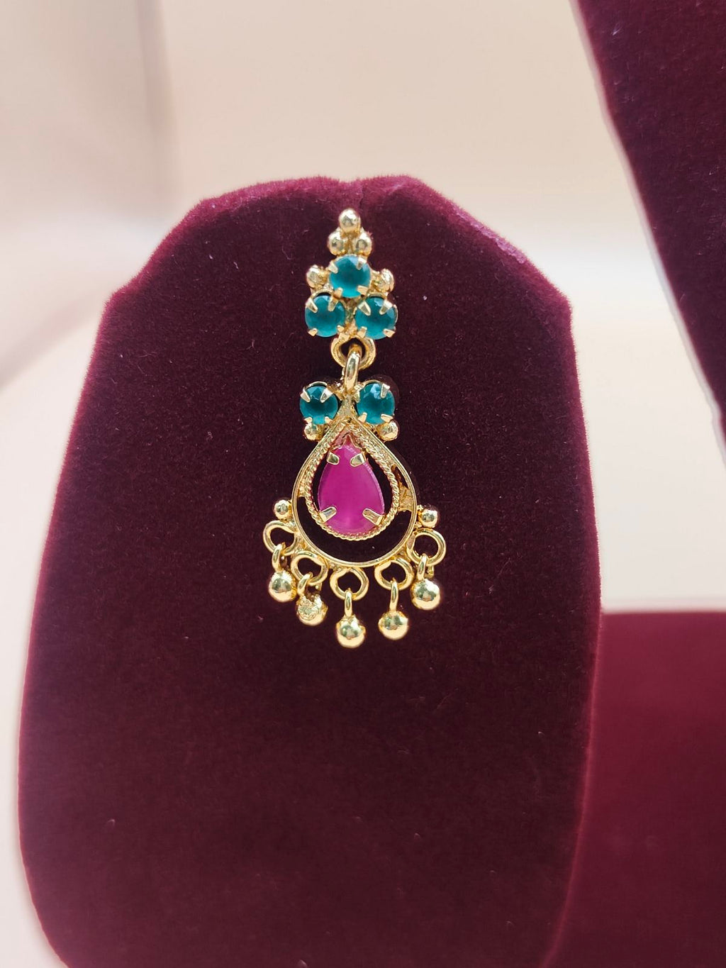 Traditional Ruby & Emerald Temple Jewelry Chain with Antique Gold Finish