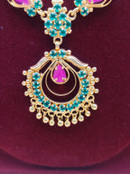 Traditional Ruby & Emerald Temple Jewelry Chain with Antique Gold Finish