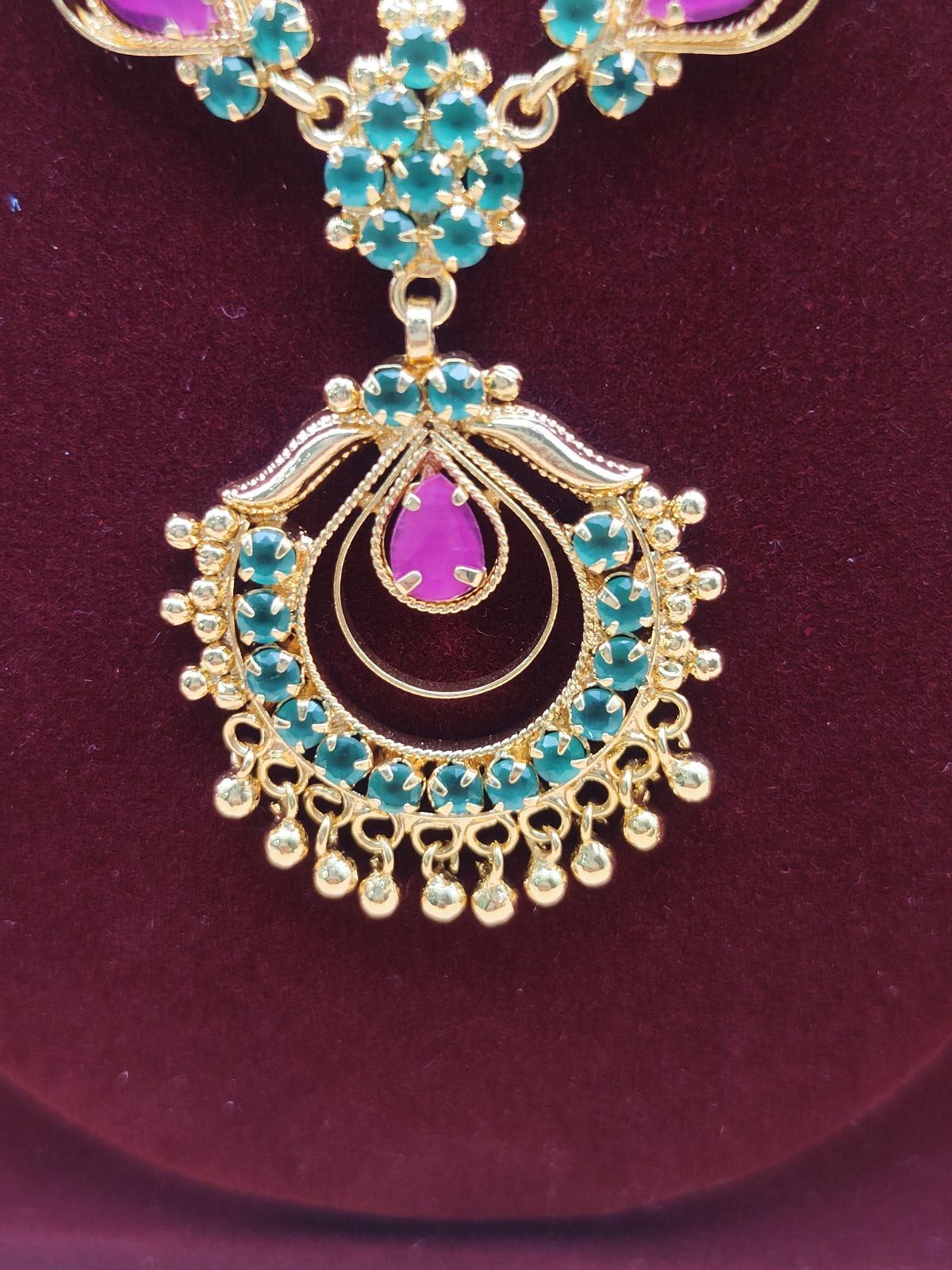 Traditional Ruby & Emerald Temple Jewelry Chain with Antique Gold Finish