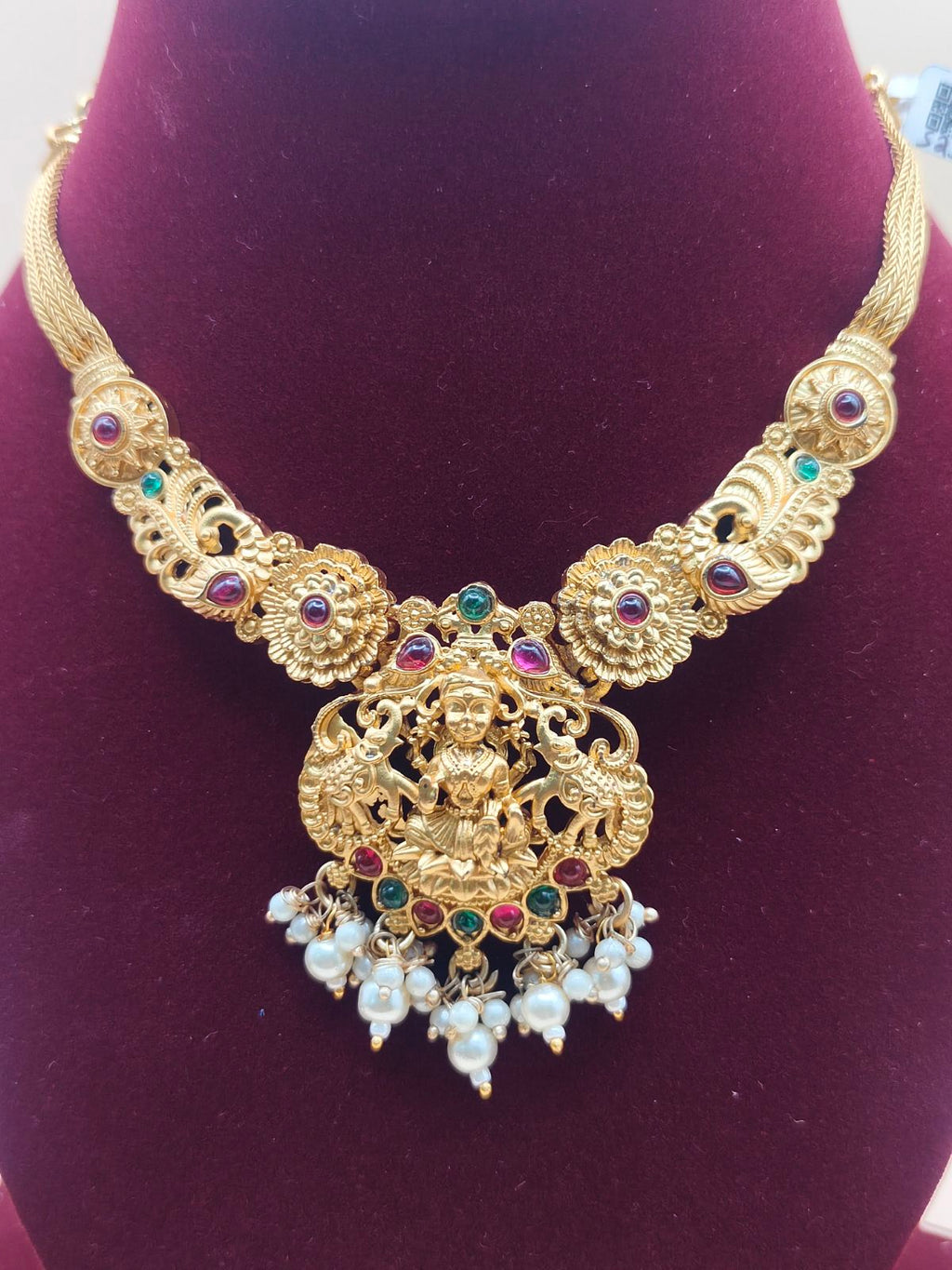 Lakshmi Devi Temple Jewelry Chain with Pearl Drops
