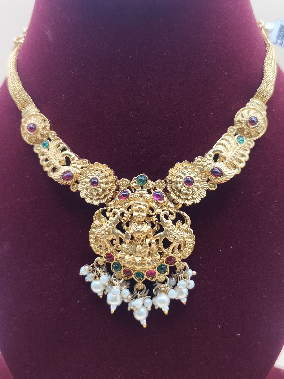 Lakshmi Devi Temple Jewelry Chain with Pearl Drops