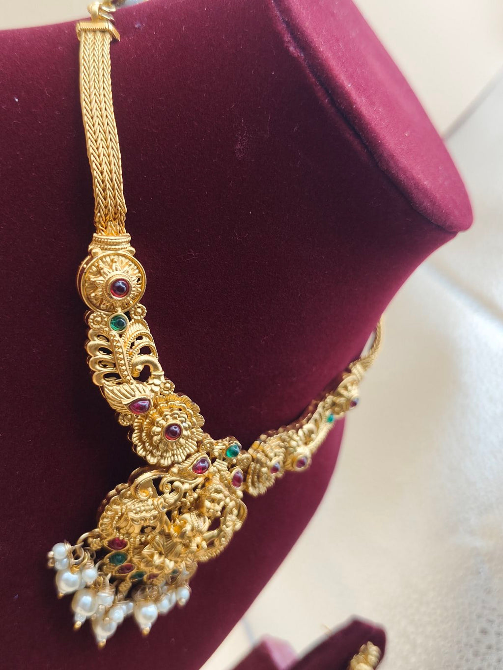 Lakshmi Devi Temple Jewelry Chain with Pearl Drops