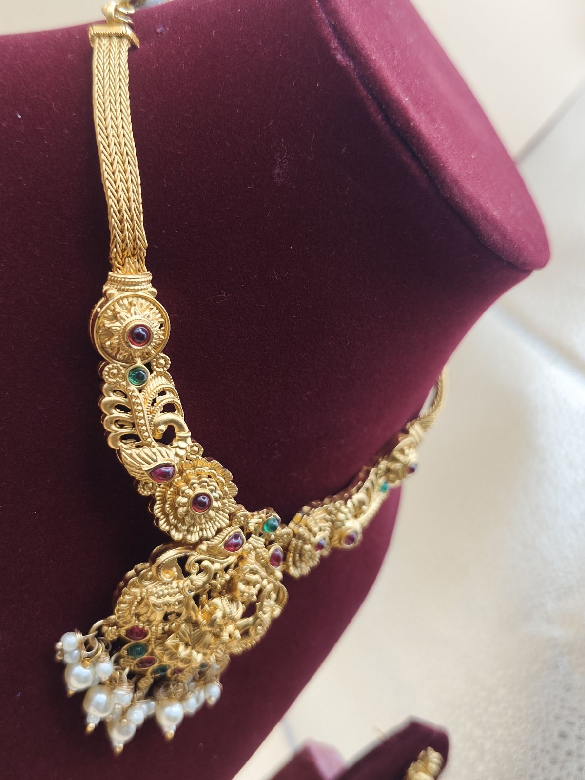 Lakshmi Devi Temple Jewelry Chain with Pearl Drops