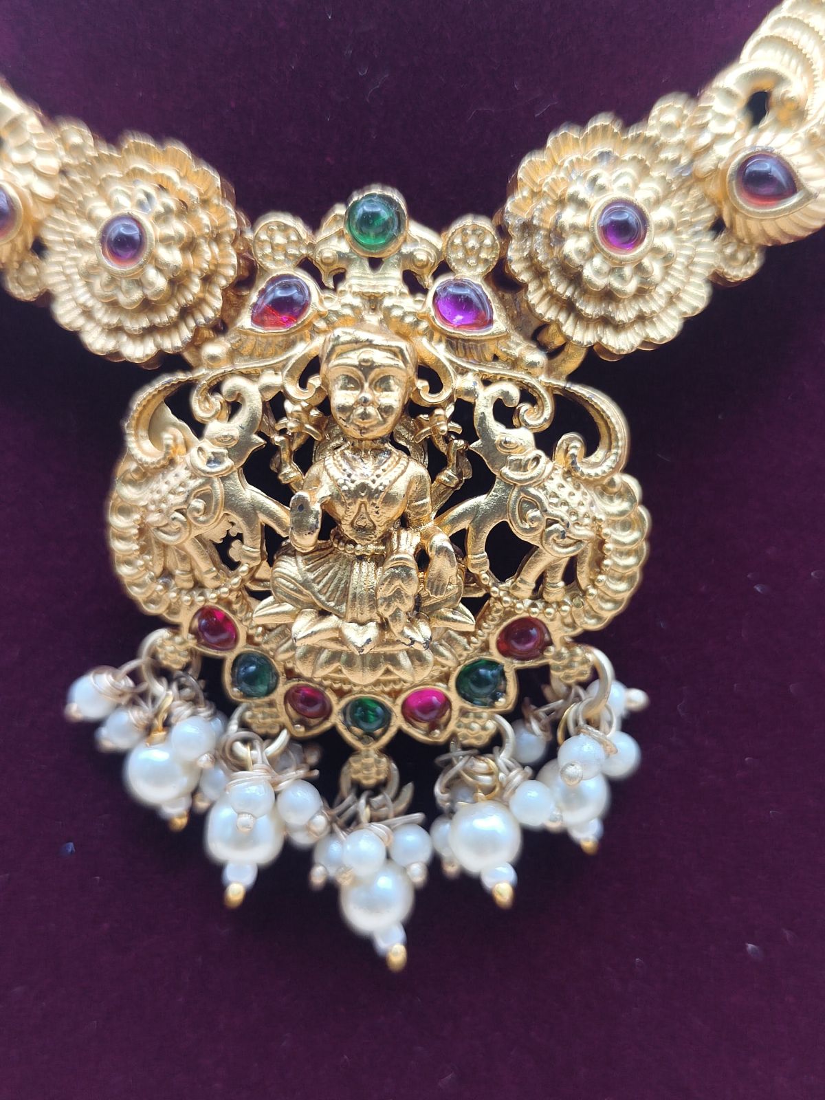 Lakshmi Devi Temple Jewelry Chain with Pearl Drops