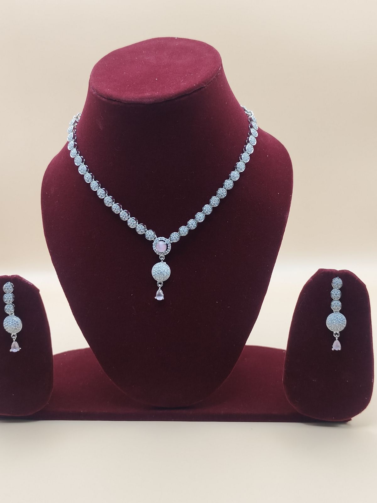 Shimmering American Diamond Silver-Plated Necklace with Rose Pink Stone Drop