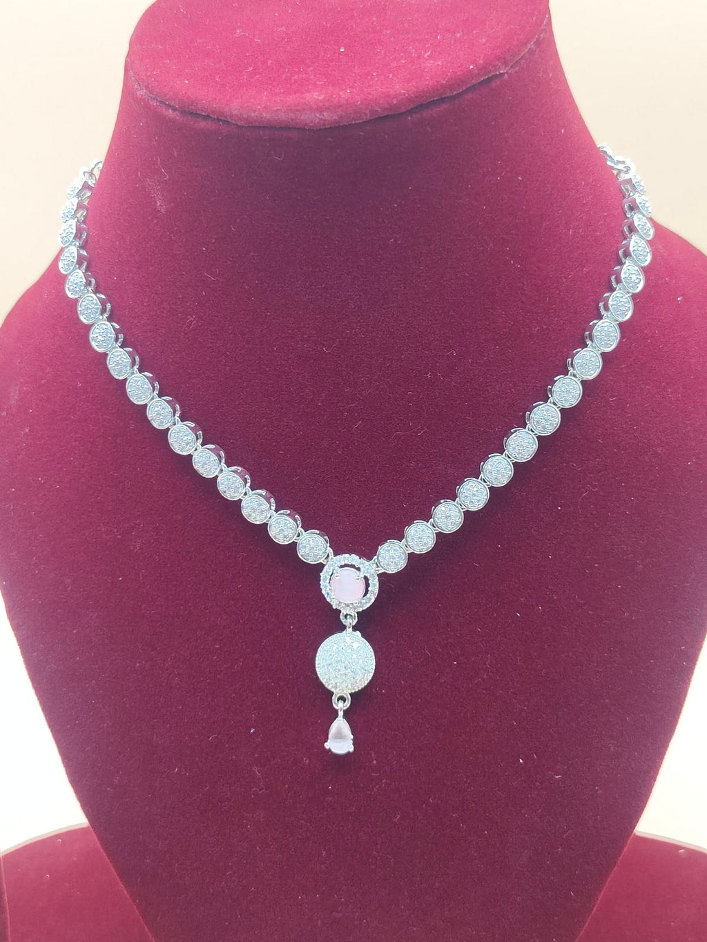 Shimmering American Diamond Silver-Plated Necklace with Rose Pink Stone Drop
