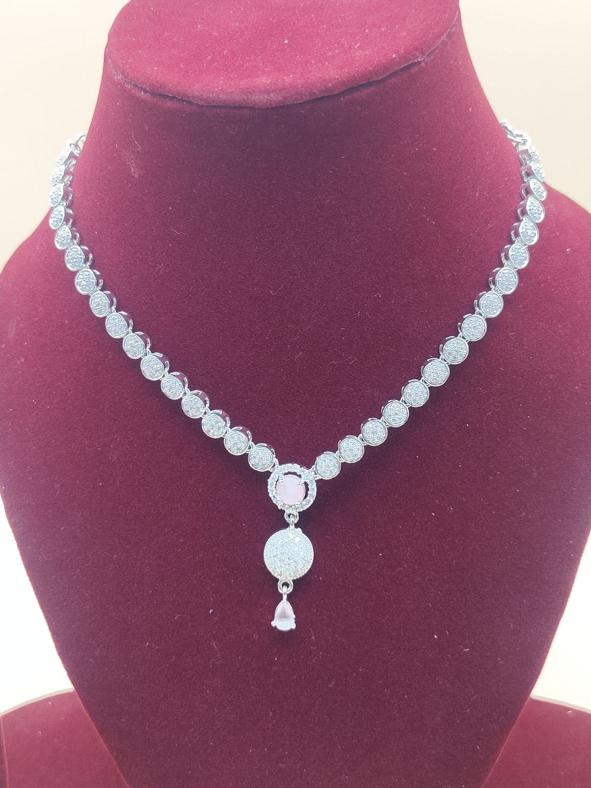 Shimmering American Diamond Silver-Plated Necklace with Rose Pink Stone Drop