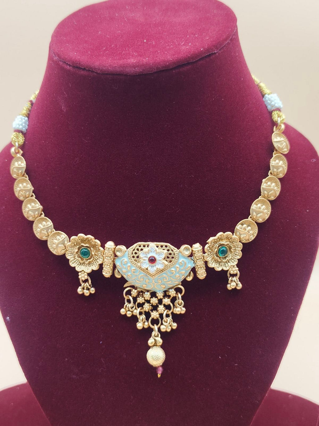 Traditional Antique Gold Coin Chain Necklace with Designer Pendant & Matching Earrings