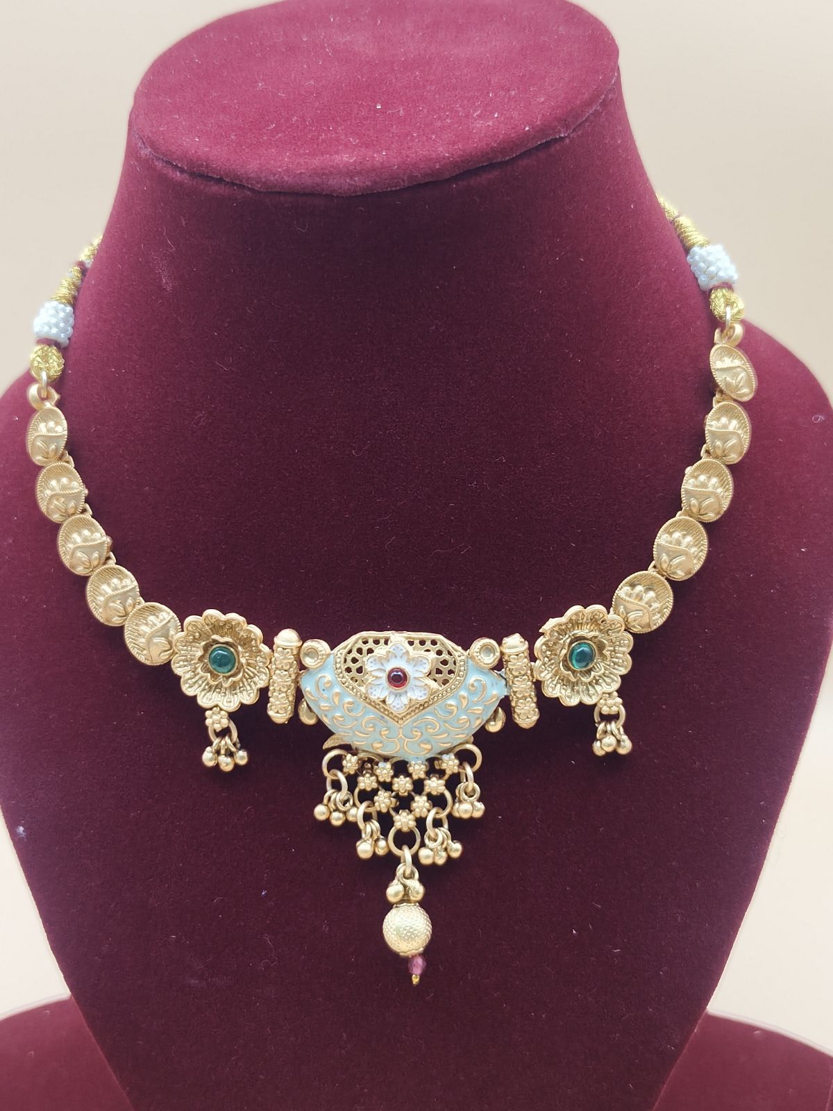 Traditional Antique Gold Coin Chain Necklace with Designer Pendant & Matching Earrings