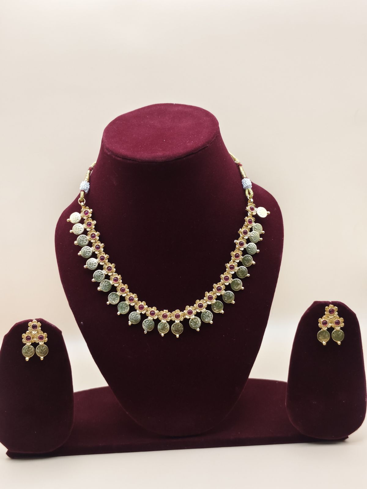 Traditional Ruby Stone Coin Necklace Set with Matching Earrings