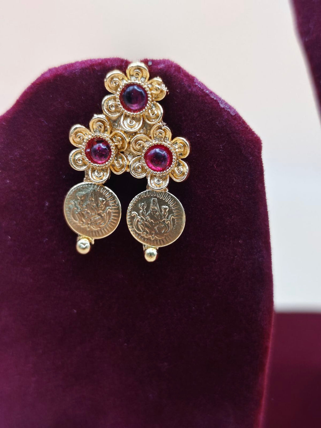Traditional Ruby Stone Coin Necklace Set with Matching Earrings
