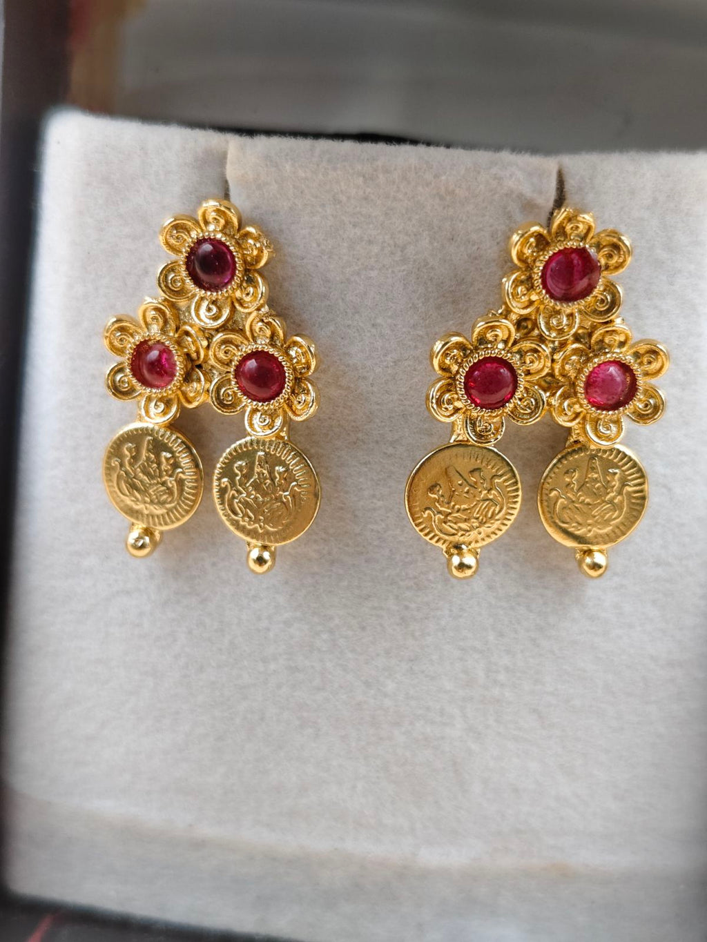 Traditional Ruby Stone Coin Necklace Set with Matching Earrings