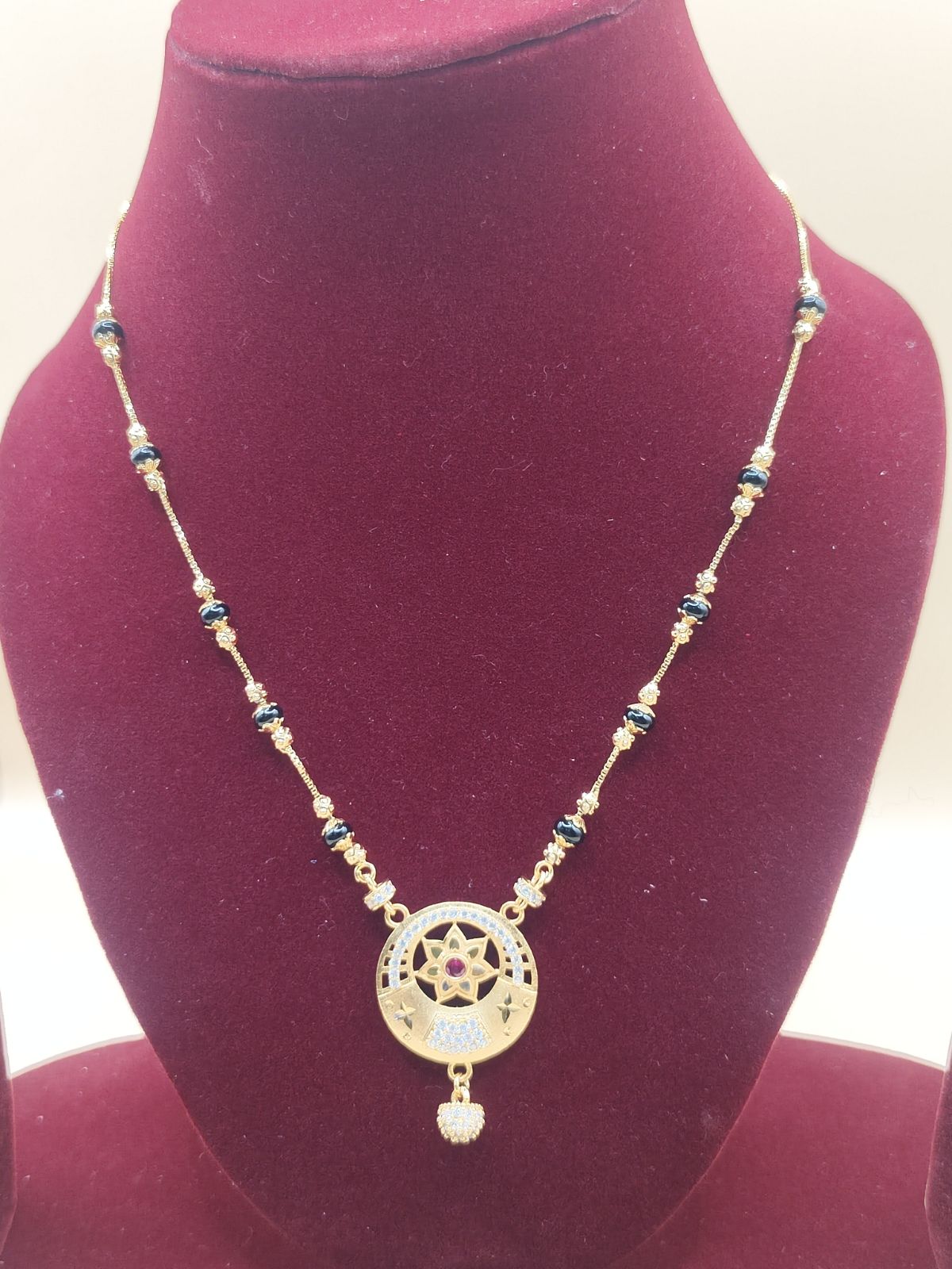 Elegant Floral Circle Pendant Mangalsutra with Black Beads