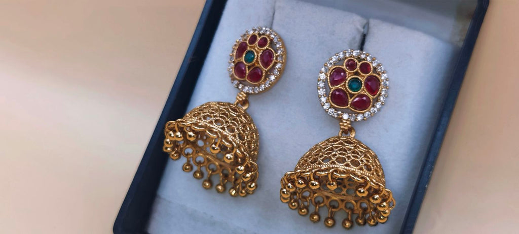 Antique Gold Jhumka Earrings with Ruby-Green Stone Studs