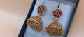 Antique Gold Jhumka Earrings with Ruby-Green Stone Studs