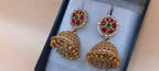 Antique Gold Jhumka Earrings with Ruby-Green Stone Studs