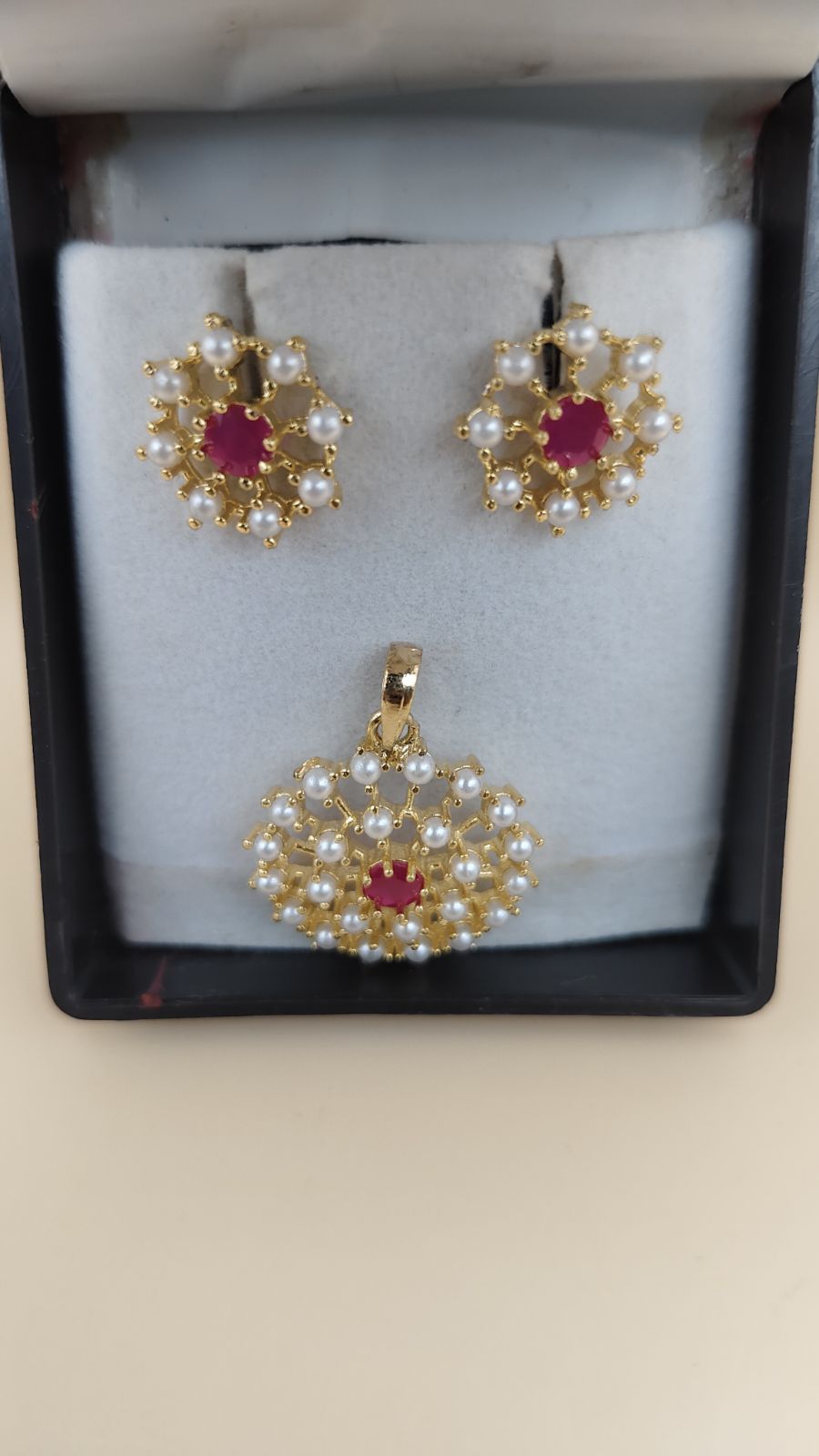 Gold-Tone Pearl & Ruby-Color Stone Pendant and Earrings Set