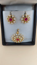 Gold-Tone Pearl & Ruby-Color Stone Pendant and Earrings Set