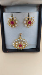Gold-Tone Pearl & Ruby-Color Stone Pendant and Earrings Set