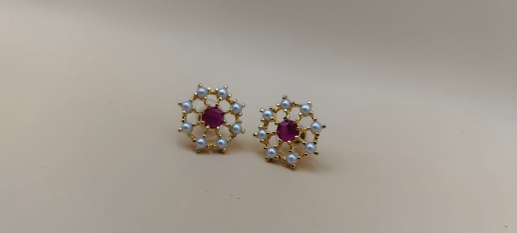 Gold-Tone Pearl & Ruby-Color Stone Pendant and Earrings Set