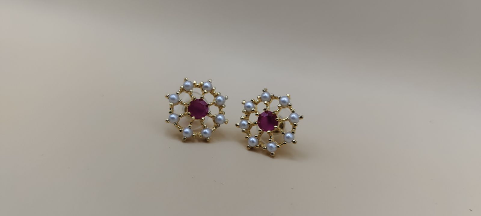 Gold-Tone Pearl & Ruby-Color Stone Pendant and Earrings Set