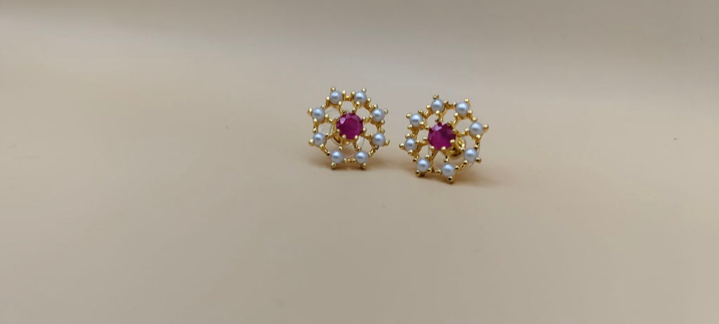 Gold-Tone Pearl & Ruby-Color Stone Pendant and Earrings Set