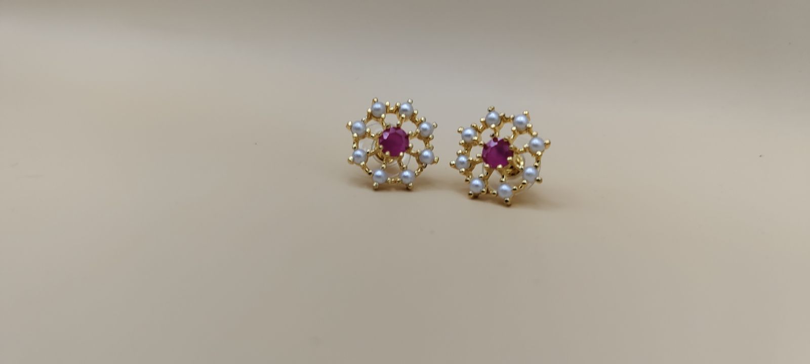 Gold-Tone Pearl & Ruby-Color Stone Pendant and Earrings Set