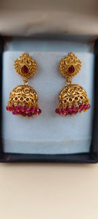 Traditional Gold-Tone Jhumka Earrings with Red Stones