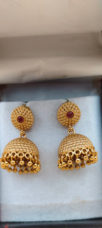 Traditional Gold-Tone Jhumka Earrings with Red Stone Studs