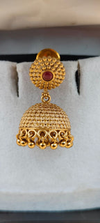 Traditional Gold-Tone Jhumka Earrings with Red Stone Studs