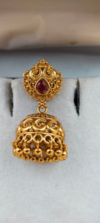 Traditional Gold-Finish Jhumka Earrings with Ruby-Red Stone