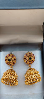 Temple Jhumka Earrings with Ruby & Green Stone